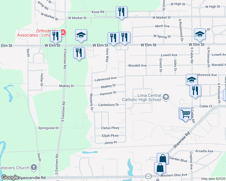 map of restaurants, bars, coffee shops, grocery stores, and more near 2917 Makley Drive in Lima
