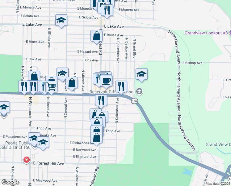 map of restaurants, bars, coffee shops, grocery stores, and more near 3716 North Ashton Avenue in Peoria