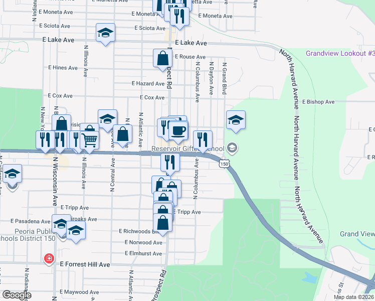 map of restaurants, bars, coffee shops, grocery stores, and more near 3716 North Ashton Avenue in Peoria