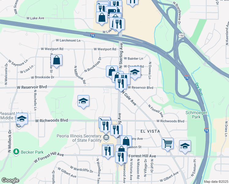 map of restaurants, bars, coffee shops, grocery stores, and more near 2517 West Reservoir Boulevard in Peoria