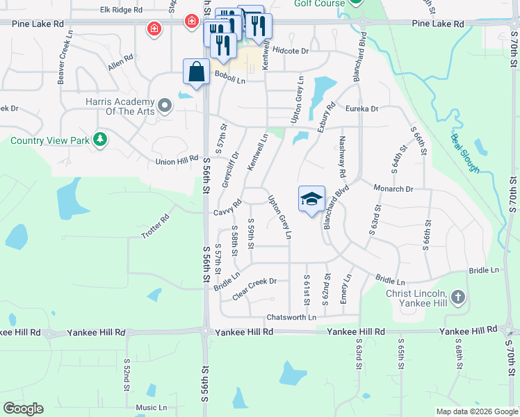 map of restaurants, bars, coffee shops, grocery stores, and more near 5940 Cavvy Road in Lincoln