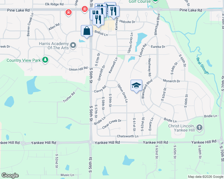 map of restaurants, bars, coffee shops, grocery stores, and more near 5830 Cavvy Road in Lincoln