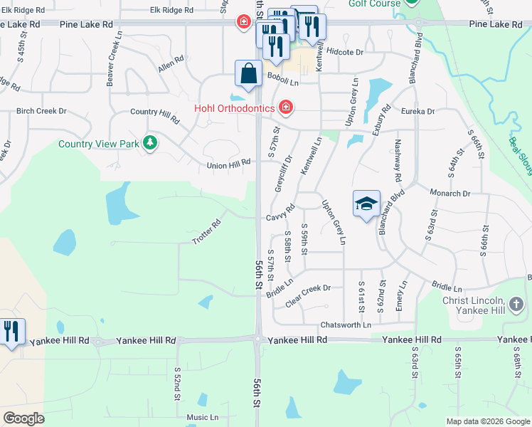 map of restaurants, bars, coffee shops, grocery stores, and more near 7750 Greycliff Drive in Lincoln