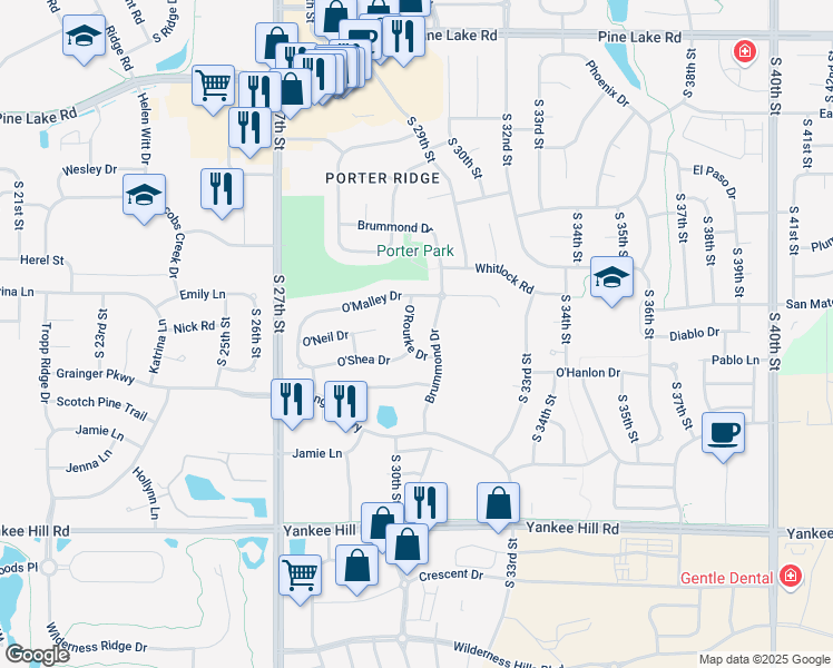 map of restaurants, bars, coffee shops, grocery stores, and more near 7701 Brummond Drive in Lincoln