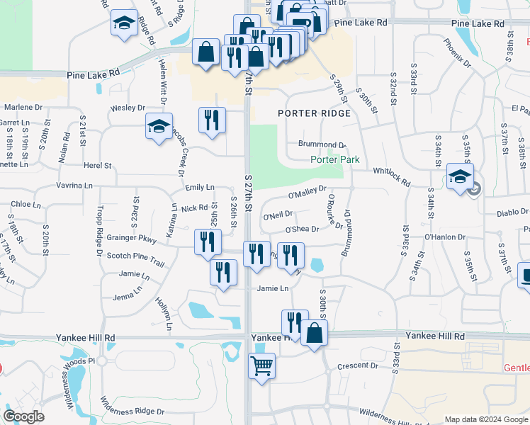 map of restaurants, bars, coffee shops, grocery stores, and more near 2805 O'Malley Drive in Lincoln