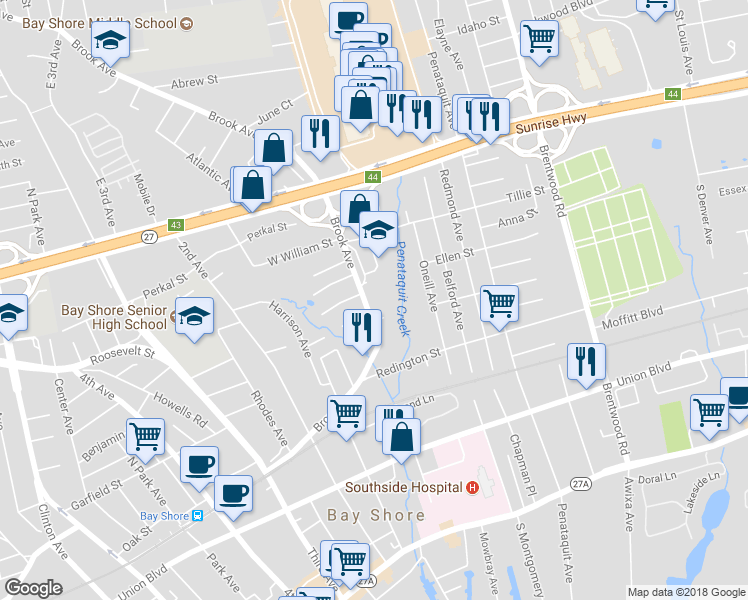 map of restaurants, bars, coffee shops, grocery stores, and more near 43 Brook Avenue in Bay Shore