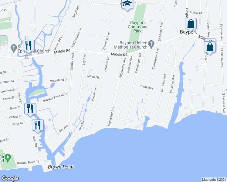 map of restaurants, bars, coffee shops, grocery stores, and more near 154 Edgewater Avenue in Bayport