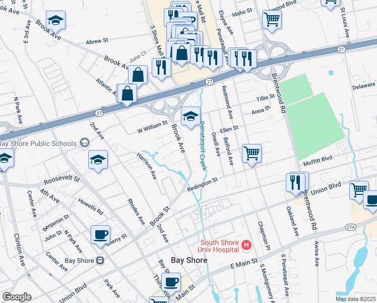 map of restaurants, bars, coffee shops, grocery stores, and more near 43 Brook Avenue in Bay Shore