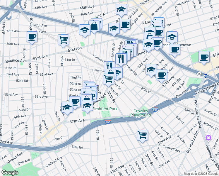 map of restaurants, bars, coffee shops, grocery stores, and more near 82-16 Grand Avenue in Queens