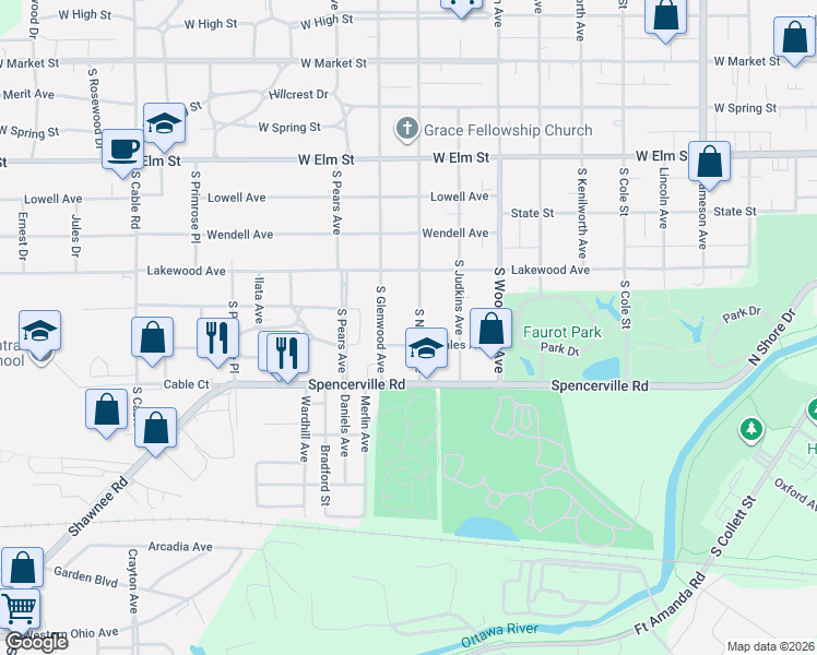 map of restaurants, bars, coffee shops, grocery stores, and more near 715 South Glenwood Avenue in Lima