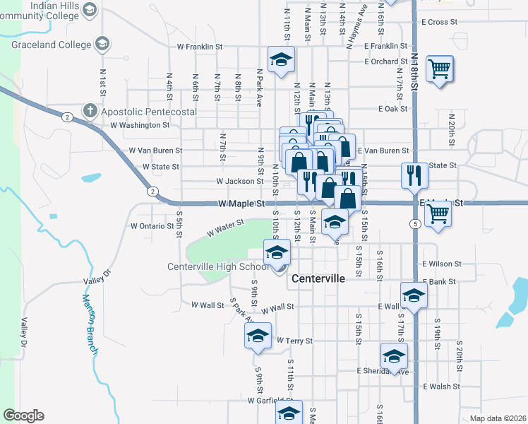 map of restaurants, bars, coffee shops, grocery stores, and more near 400-498 West Maple Street in Centerville