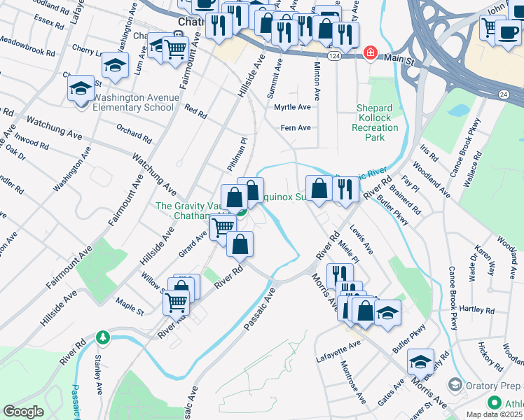 map of restaurants, bars, coffee shops, grocery stores, and more near 56 Chatham Rd in Summit
