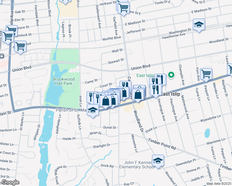 map of restaurants, bars, coffee shops, grocery stores, and more near 23 1st Avenue in East Islip