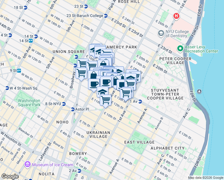 map of restaurants, bars, coffee shops, grocery stores, and more near 221 2nd Avenue in New York
