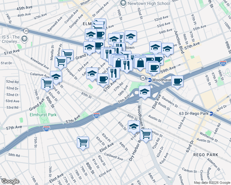 map of restaurants, bars, coffee shops, grocery stores, and more near 8629 57th Road in Queens