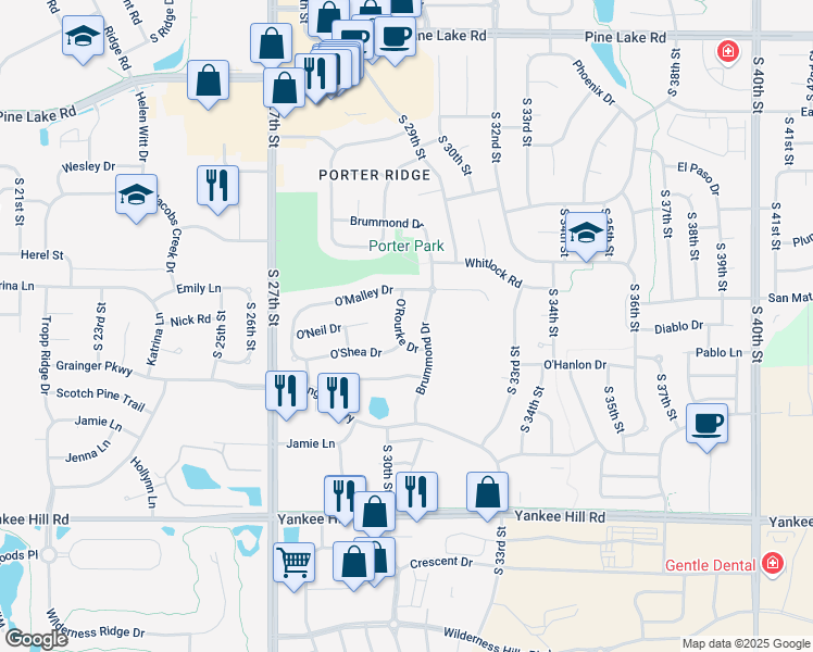 map of restaurants, bars, coffee shops, grocery stores, and more near 7701 Brummond Drive in Lincoln