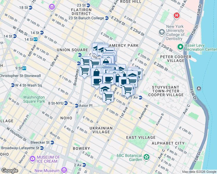 map of restaurants, bars, coffee shops, grocery stores, and more near 230 East 14th Street in New York
