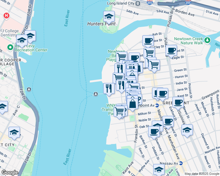 map of restaurants, bars, coffee shops, grocery stores, and more near 21 India Street in Brooklyn