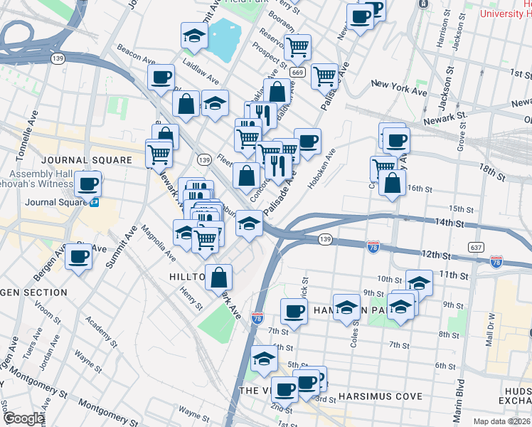 map of restaurants, bars, coffee shops, grocery stores, and more near 91 Palisade Avenue in Jersey City