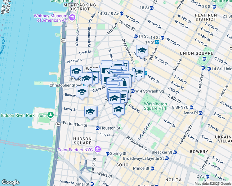 map of restaurants, bars, coffee shops, grocery stores, and more near 100a 7th Avenue South in New York