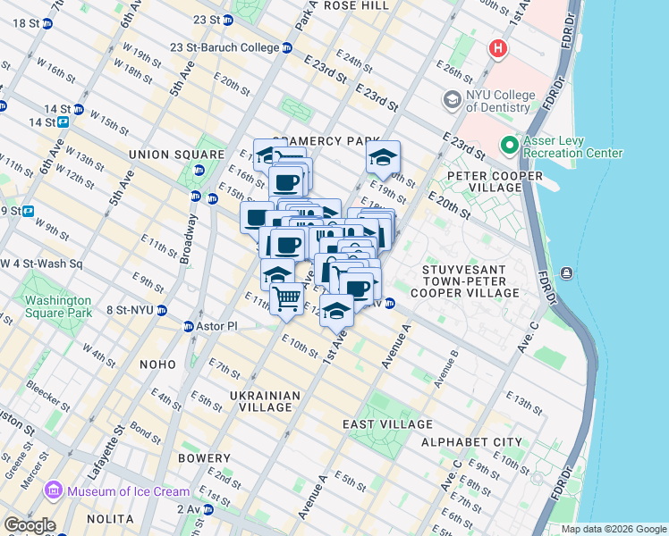 map of restaurants, bars, coffee shops, grocery stores, and more near 333 East 14th Street in New York