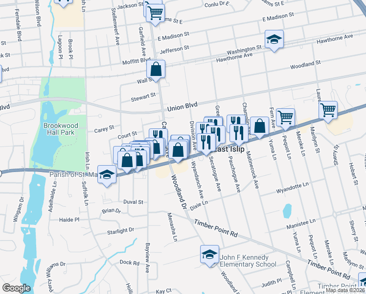 map of restaurants, bars, coffee shops, grocery stores, and more near 12 Division Avenue in East Islip