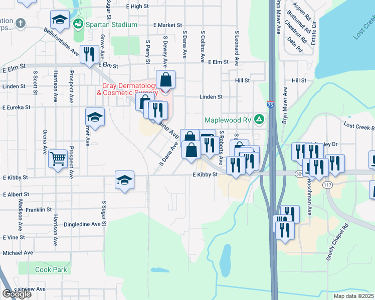 map of restaurants, bars, coffee shops, grocery stores, and more near 600 South Collins Avenue in Lima