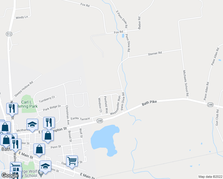 map of restaurants, bars, coffee shops, grocery stores, and more near 3245 Penn Dixie Road in Nazareth