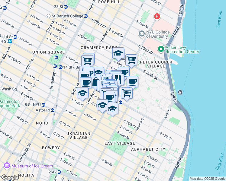 map of restaurants, bars, coffee shops, grocery stores, and more near 249 1st Avenue in New York