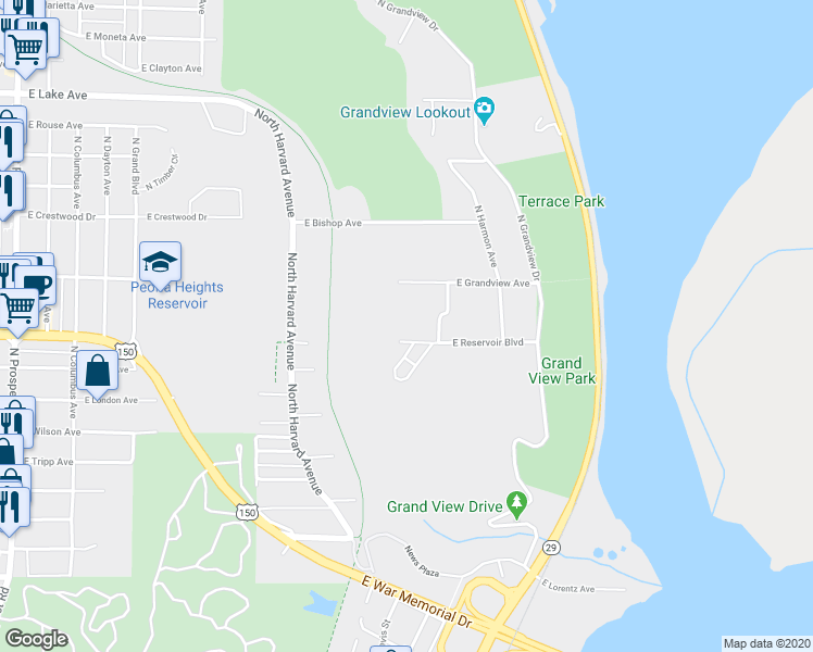 map of restaurants, bars, coffee shops, grocery stores, and more near 2219 East Reservoir Boulevard in Peoria