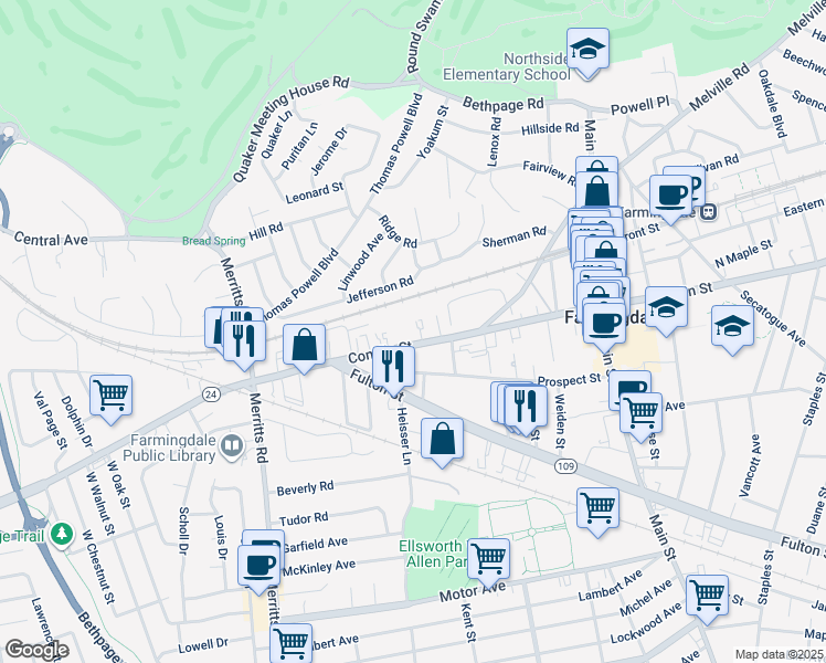 map of restaurants, bars, coffee shops, grocery stores, and more near 85 Conklin Street in Farmingdale