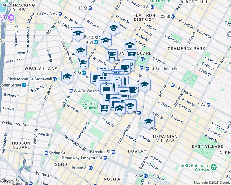 map of restaurants, bars, coffee shops, grocery stores, and more near E 9th St & University Pl in New York