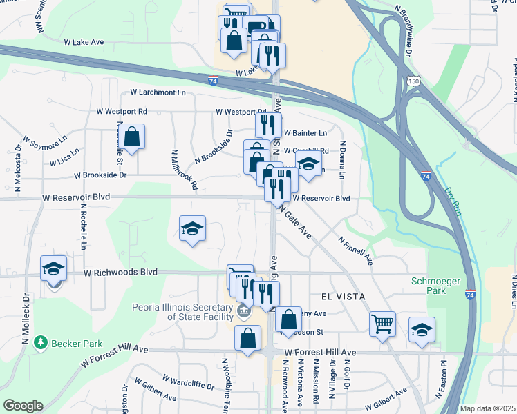 map of restaurants, bars, coffee shops, grocery stores, and more near 2517 West Reservoir Boulevard in Peoria