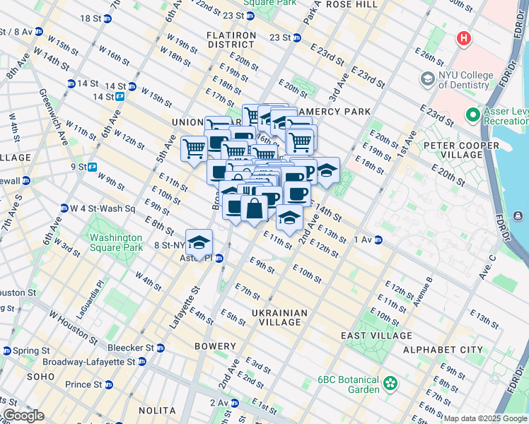 map of restaurants, bars, coffee shops, grocery stores, and more near 139 East 12th Street in New York