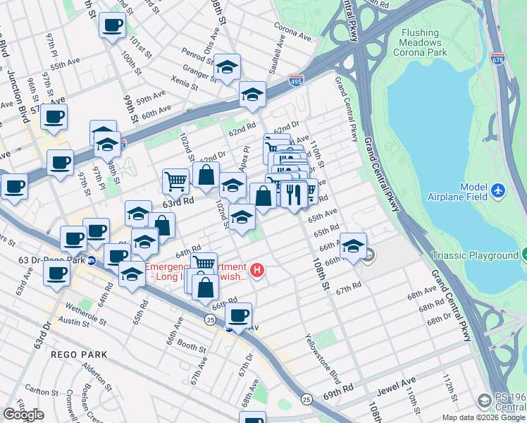 map of restaurants, bars, coffee shops, grocery stores, and more near 64-05 Yellowstone Boulevard in Queens