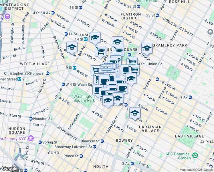 map of restaurants, bars, coffee shops, grocery stores, and more near 21 East 10th Street in New York