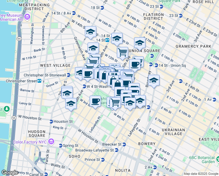 map of restaurants, bars, coffee shops, grocery stores, and more near 8 5th Avenue in New York