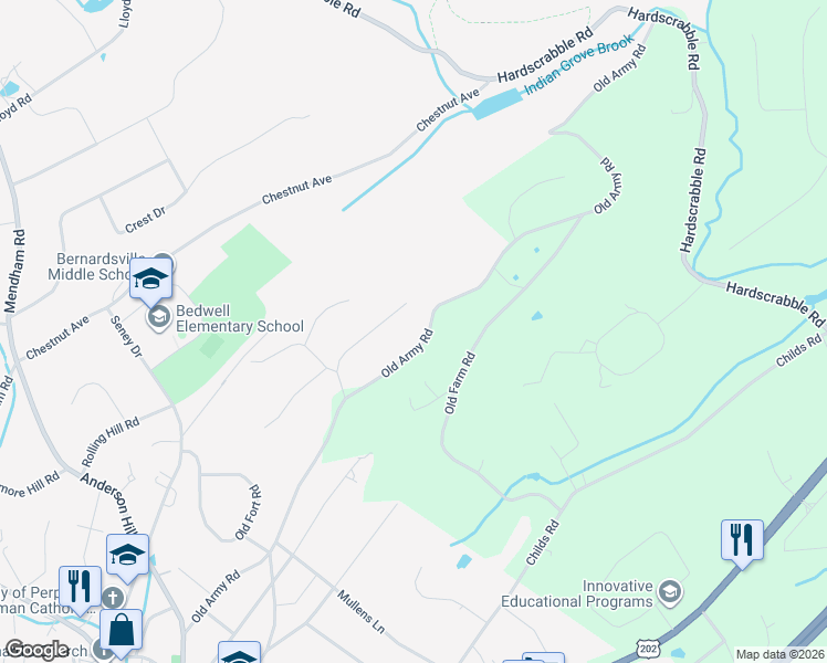 map of restaurants, bars, coffee shops, grocery stores, and more near 160 Old Army Road in Bernardsville