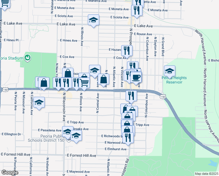map of restaurants, bars, coffee shops, grocery stores, and more near 3713 North Atlantic Avenue in Peoria Heights