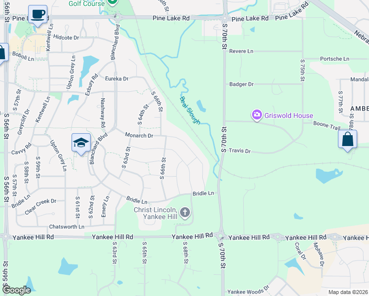 map of restaurants, bars, coffee shops, grocery stores, and more near 6800 Monarch Drive in Lincoln