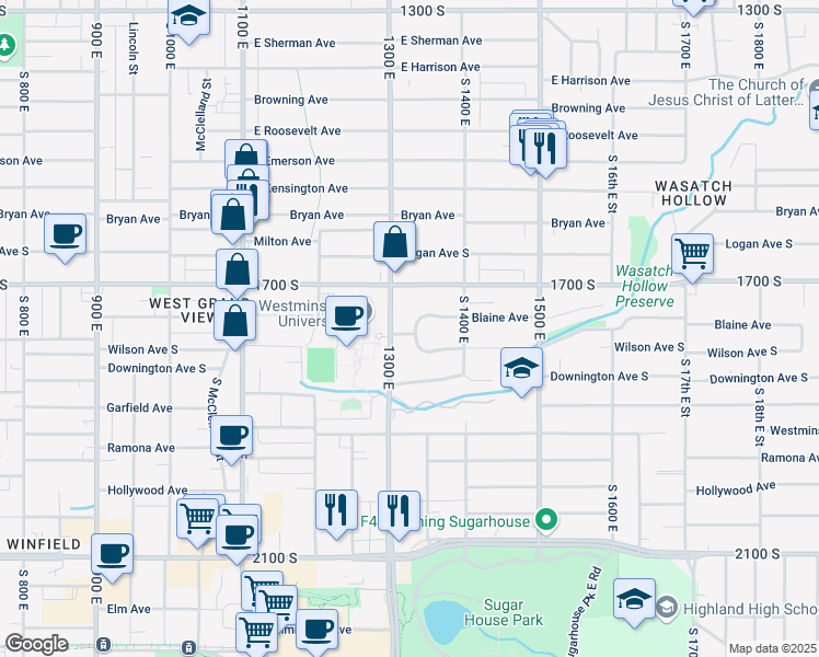 map of restaurants, bars, coffee shops, grocery stores, and more near 1737 South 1300 East in Salt Lake City