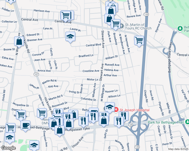 map of restaurants, bars, coffee shops, grocery stores, and more near 307 Stewart Avenue in Bethpage