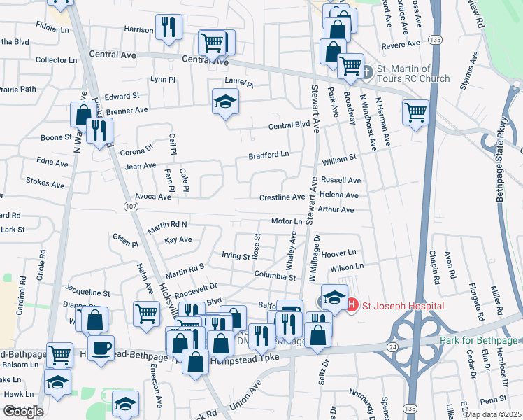 map of restaurants, bars, coffee shops, grocery stores, and more near 33 Crestline Avenue in Bethpage