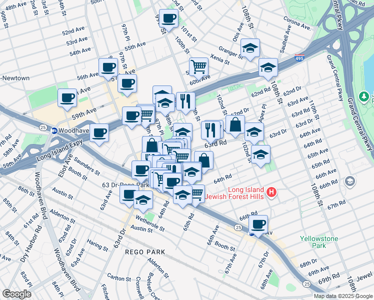 map of restaurants, bars, coffee shops, grocery stores, and more near 63-33 98th Place in Queens