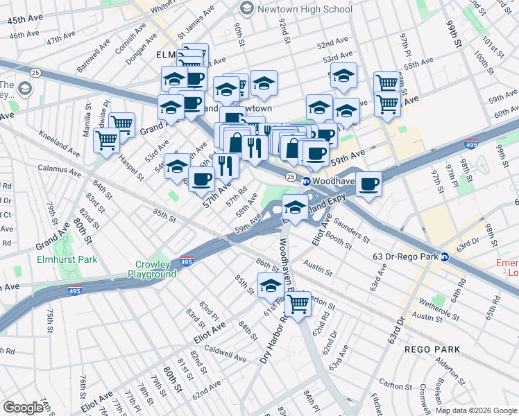 map of restaurants, bars, coffee shops, grocery stores, and more near 87-6 58th Avenue in Queens