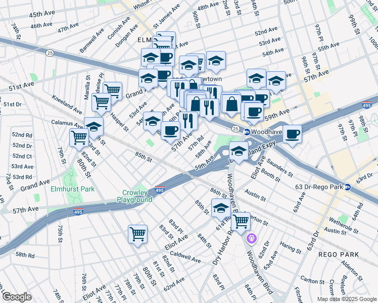 map of restaurants, bars, coffee shops, grocery stores, and more near 8629 57th Road in Queens