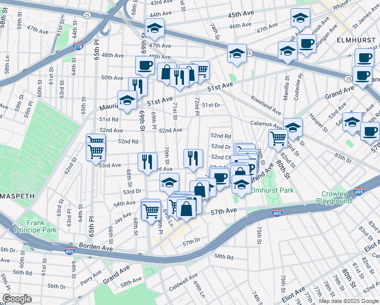 map of restaurants, bars, coffee shops, grocery stores, and more near 52-40 72nd Place in Queens
