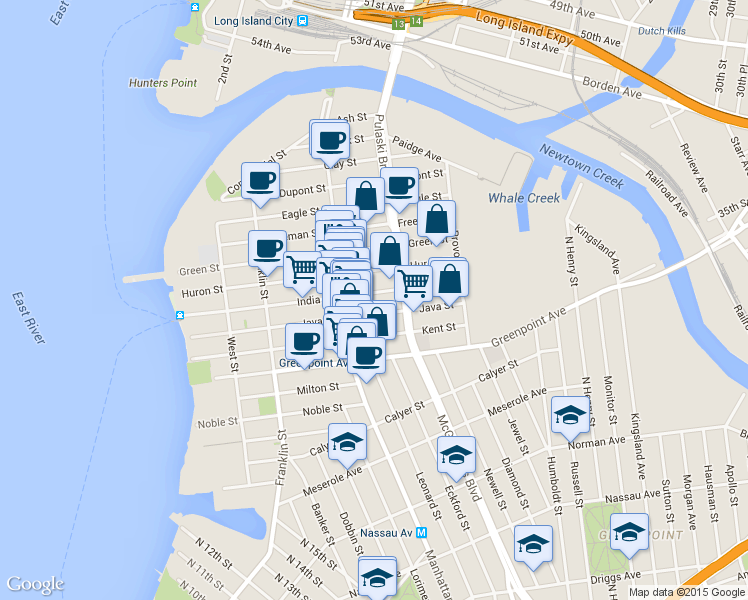 map of restaurants, bars, coffee shops, grocery stores, and more near 171 India Street in Brooklyn