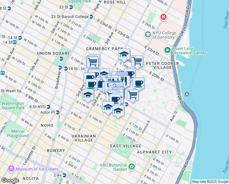 map of restaurants, bars, coffee shops, grocery stores, and more near 334 East 15th Street in New York