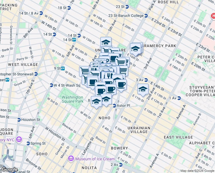 map of restaurants, bars, coffee shops, grocery stores, and more near 76 East 11th Street in New York